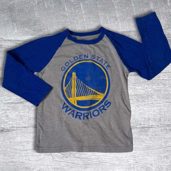 NBA Boys Golden State Warriers Shirt Raglan Long Sleeve XS 4/5 Grey Blue Tee - Picture 1 of 7